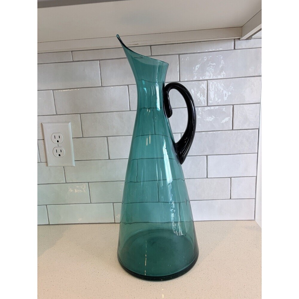 Mid Century Modern Blenko W. Anderson Sea Green Pitcher W/ Black Handle